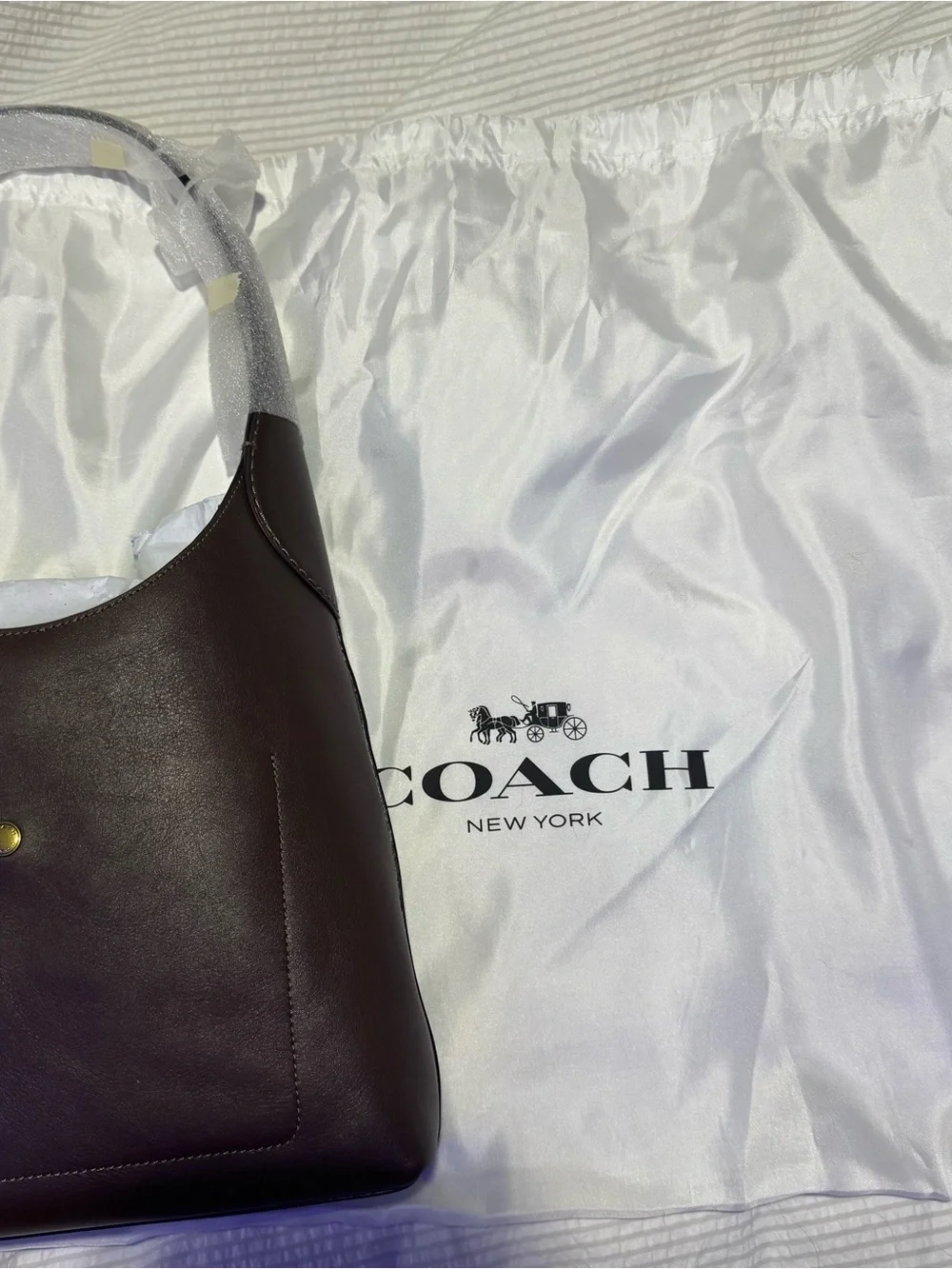 Coach Dark Brown Leather Shoulder Tote with Gold Logo